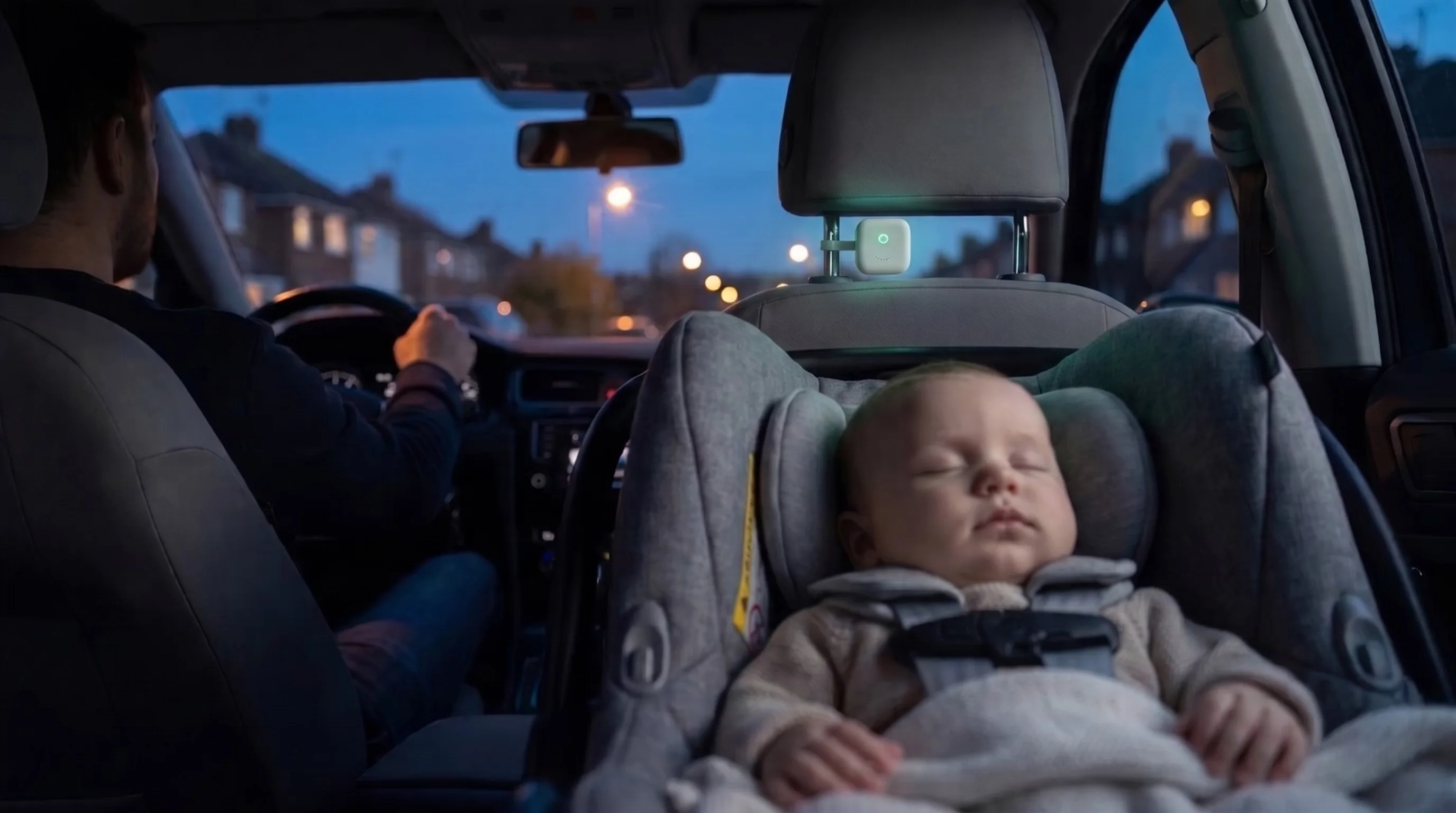 A baby asleep in a rear-facing car seat at dusk, with the Sensor on the headrest in front of the seat.