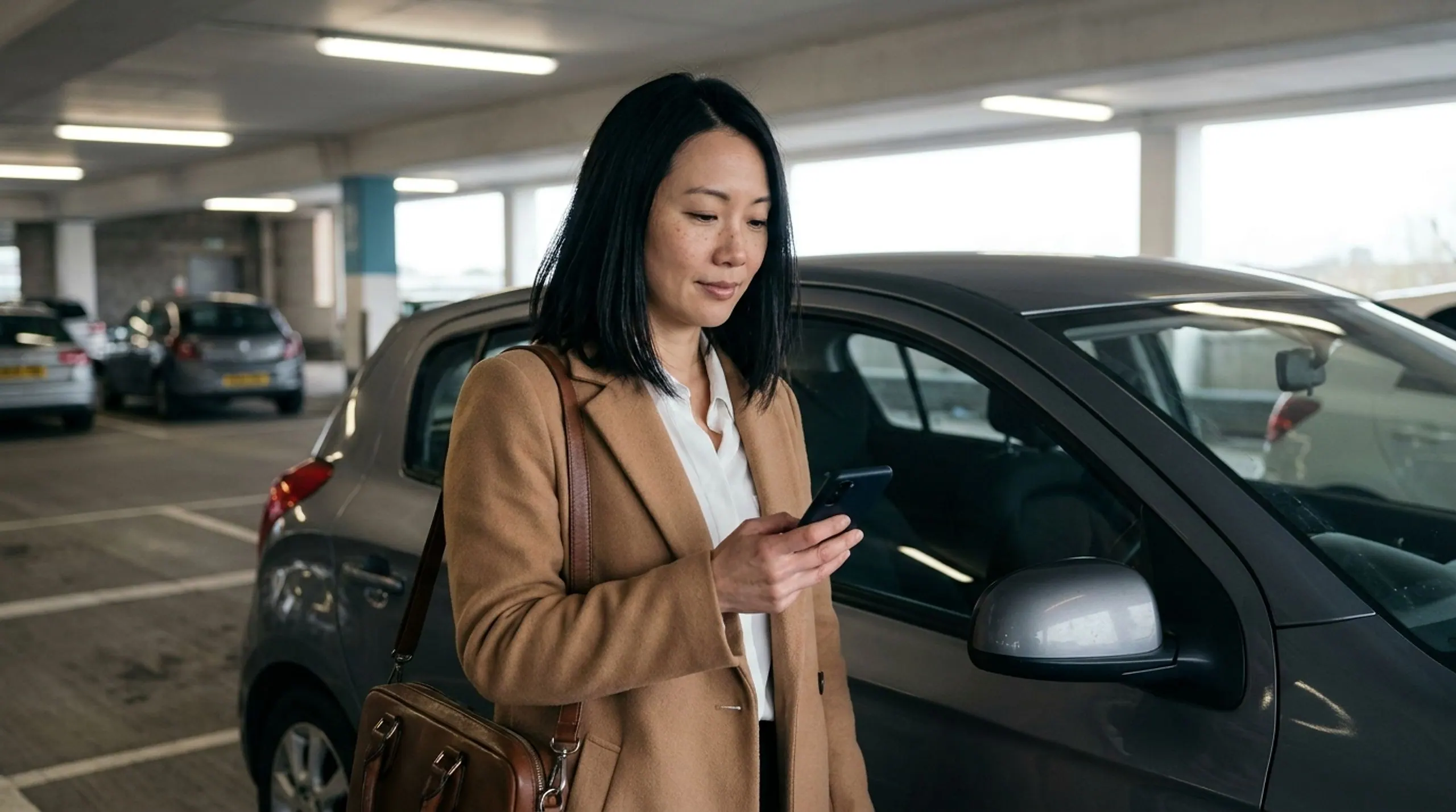A parent standing beside the car, looking at their phone.